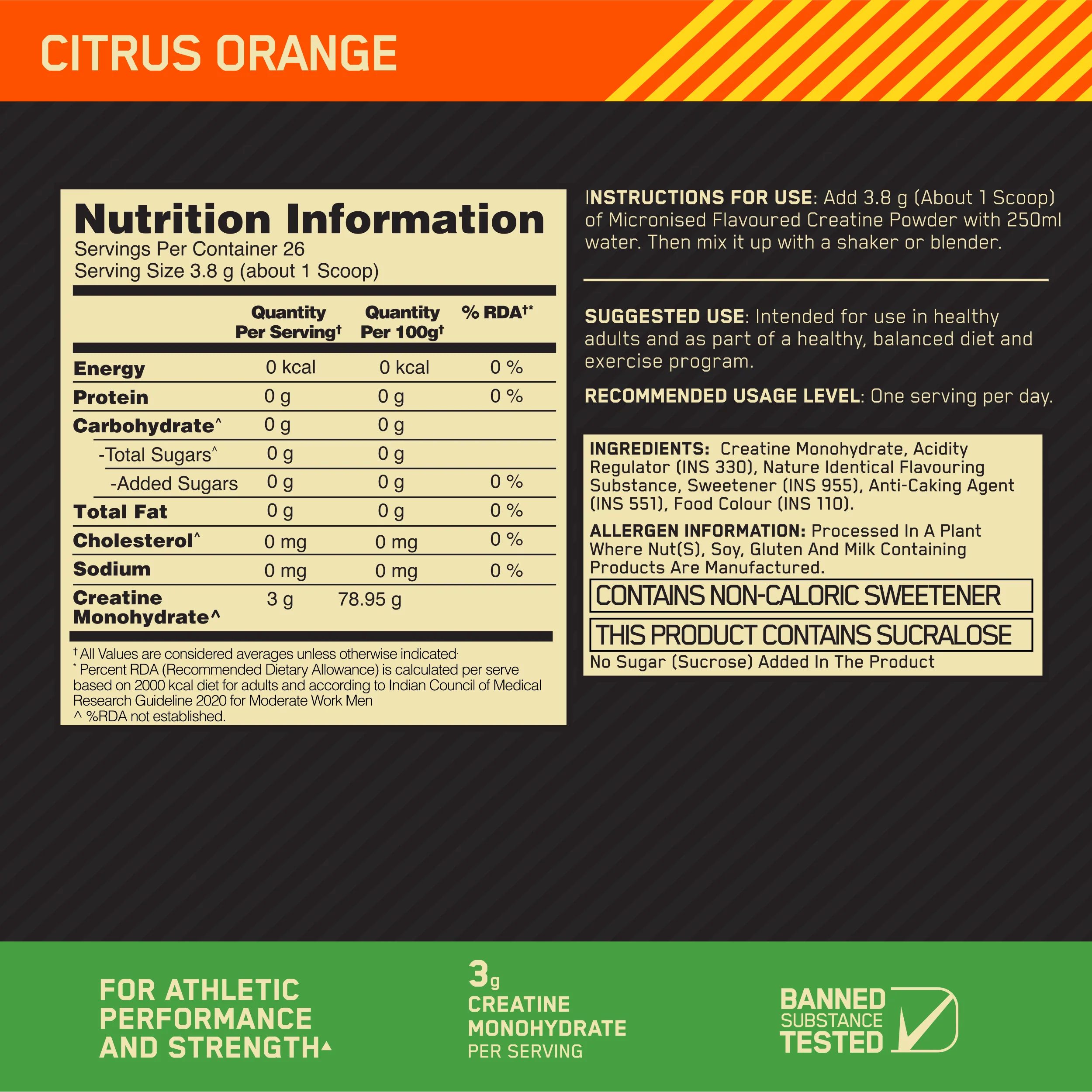 Optimum Nutrition (ON) Micronized Creatine Powder - 100g,  Citrus Orange - Image 7